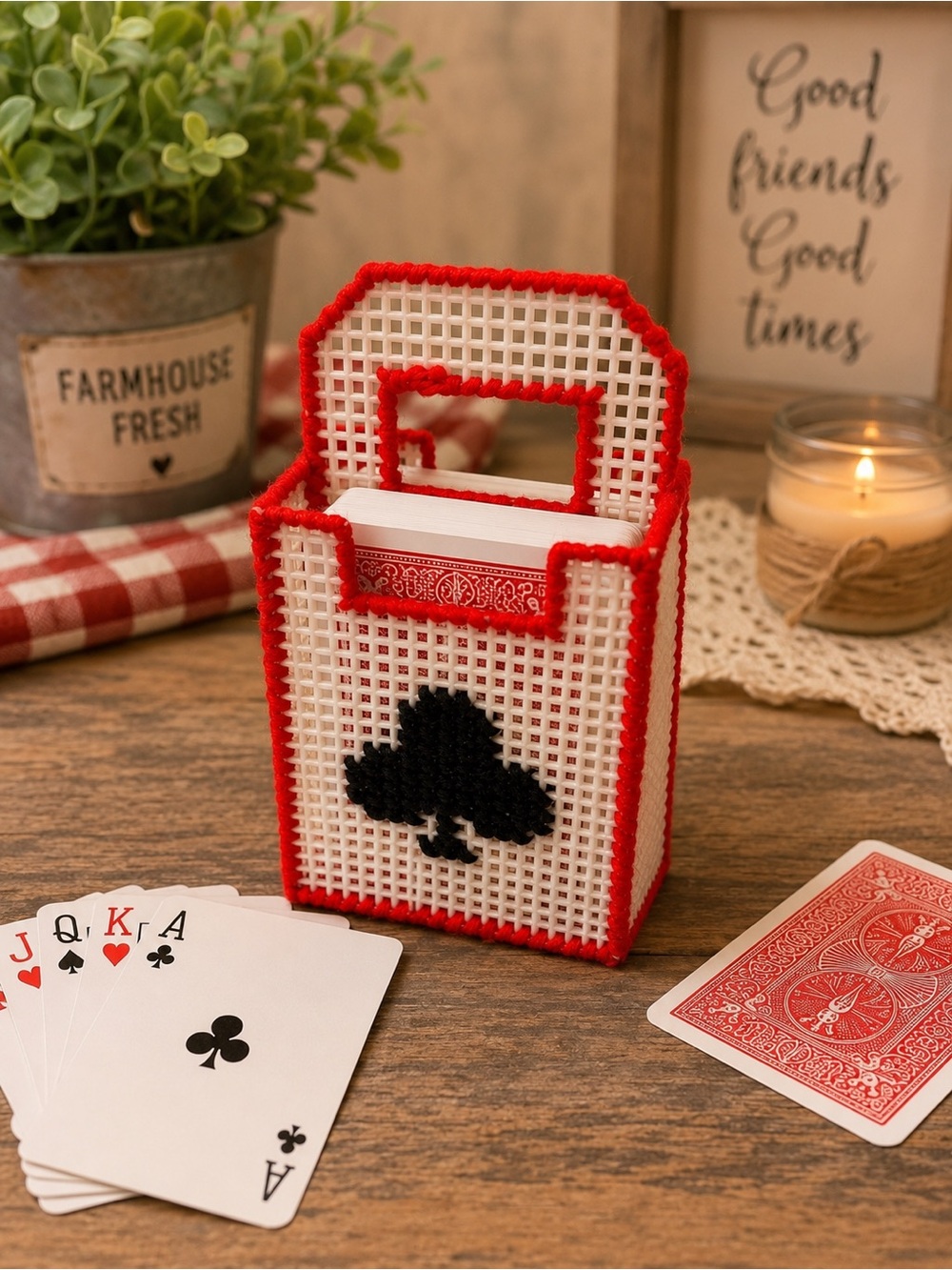 Red and White Plastic Canvas Card Caddy with Black Club Motif